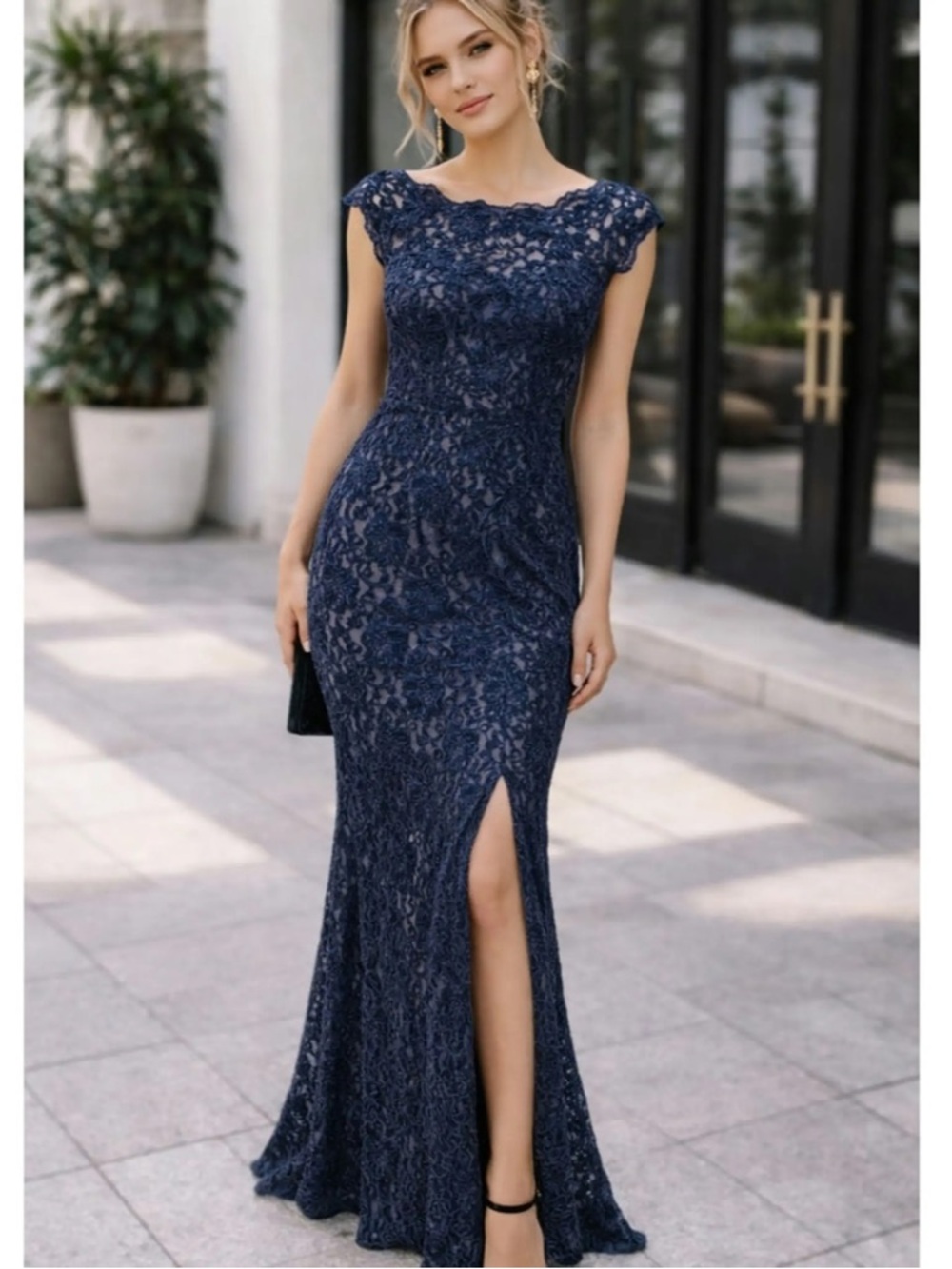 City Triangles Navy Lace Maxi Dress with Side Slit worn once